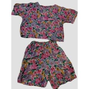 Vintage Adonis 2 Piece Matching Set Size M Top & Shorts Floral 100% Rayon